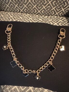 Gold Tone Charm Chain Belt with Black Enamel Accents